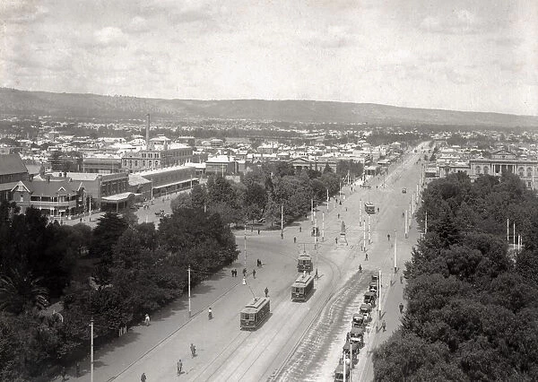 Adelaide Australia, c. 1900-1910 city from GPO tower, trams