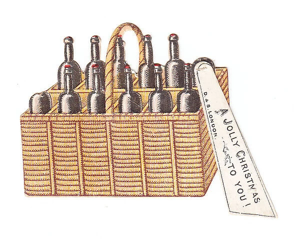 Christmas card in the shape of a basket of wine bottles