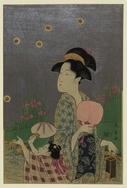 Fireflies. Print shows a woman holding a fan and a firefly cage