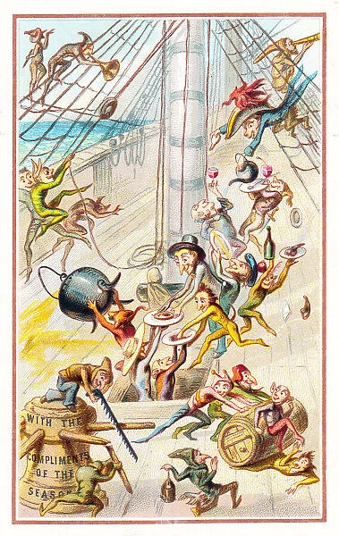 Goblins having fun on a ship on a Christmas card