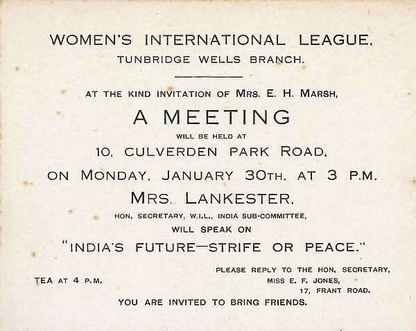 Invitation card, Womens International League