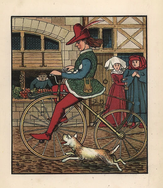 Medieval man riding a wooden velocipede on a cobbled street