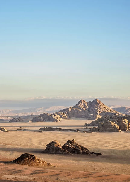 Landscape of Wadi Rum at sunrise, aerial view from a balloon, Aqaba Governorate, Jordan