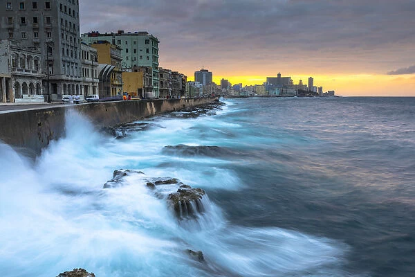 The view along the Malecon at sunset, Cuba, Havana