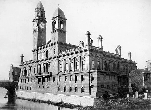 View of Paisley Town Hall. Titled: Town Hall and Old Bridge Date: c1882