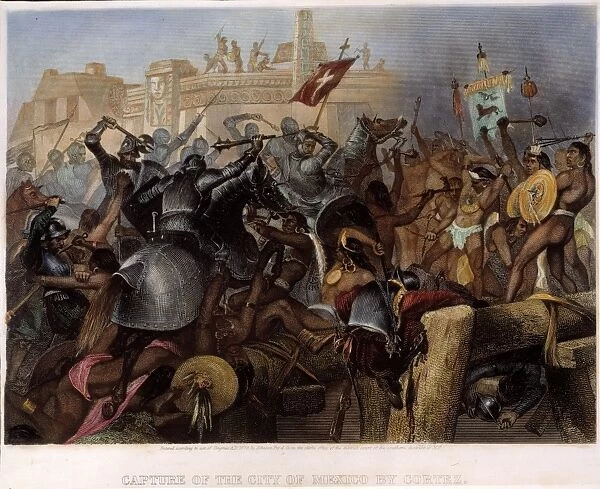CONQUEST OF MEXICO, 1521. The capture of Mexico City, or Tenochtitlan, by Hernando Cortes and his Spanish conquistadores, 13 August 1521. Steel engraving, American, 1870