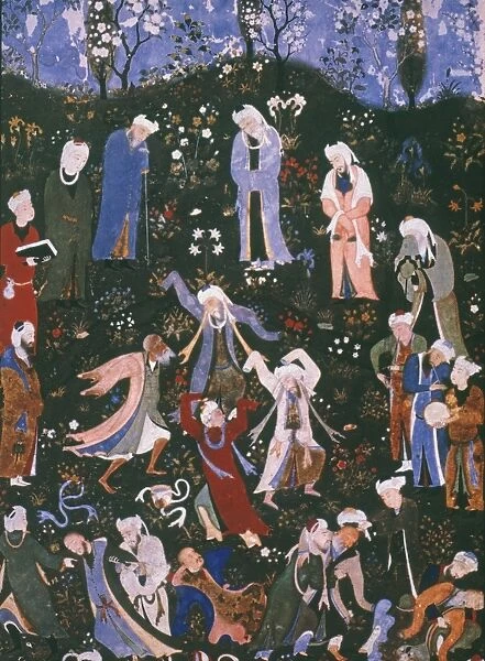 DANCING DERVISHES, 1490. Persian Timurid manuscript illumination, 1490