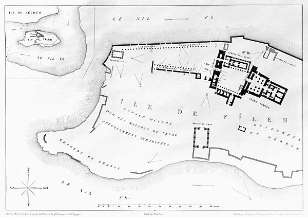 EGYPT: ISLAND OF PHILAE. Map showing archaeological ruins and geographical features of the island of Philae, Egypt. Engraving by Louis F