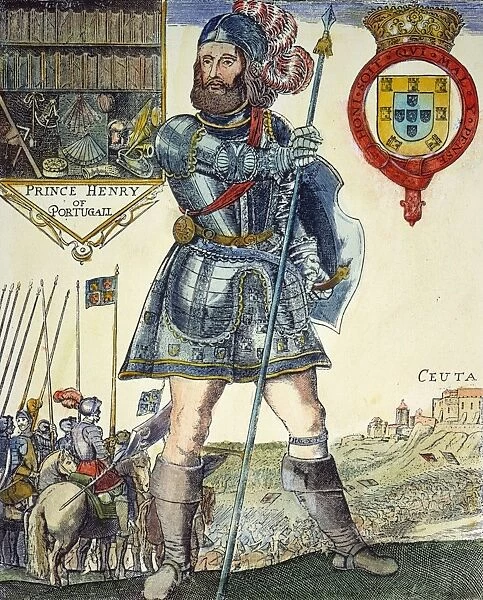 PRINCE HENRY THE NAVIGATOR at the conquest of Ceuta in 1415: colored engraving, 16th century