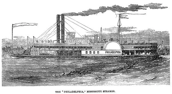 STEAMBOAT, 1859. The Philadelphia, a Mississippi River steamboat. Wood engraving, American, 1859