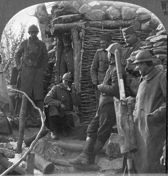 WWI: SERBIAN TRENCHES. Soldiers in a Serbian trench awaiting a phone call