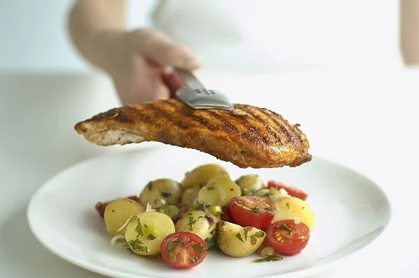 Adding griddled chicken to plate of potato and cherry tomato salad