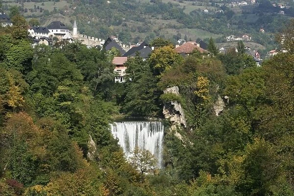 Bosnia and Herzegovina, Jajce, waterfall where the lake Pliva meets the river Vrbas
