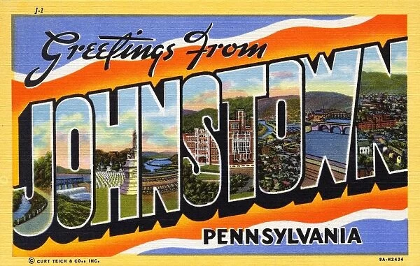 Greeting Card from Johnstown, Pennsylvania. ca. 1939, Johnstown, Pennsylvania, USA, Johnstown, the cradle of the steel industry, has contributed to the development and expansion of steel throughout the world. Johnstown developed and advanced the Bessemer process, (the Pioneer Converter is displayed at Bethlehems office, Locust St. ) the three-high roll system, refinements in Open Hearth Process, and numerous other processes. The most recent development Bethanizing, an advanced method of applying zinc coating to metal bases