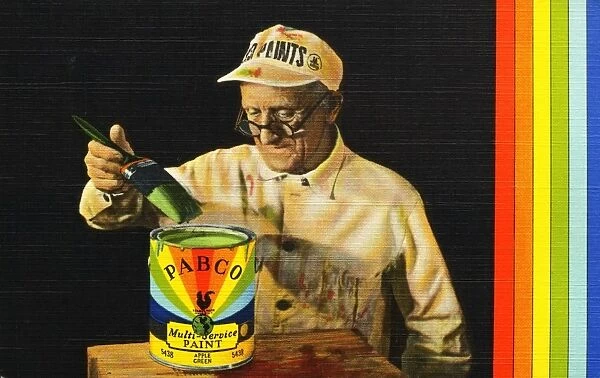 Painter with Pabco Paint. ca. 1938, Heres a card of introduction to the famous Pabco Painter, who says the difference between a house and a home is often found in a paint can. We d also like to make you acquainted with our economy plan for repainting your home