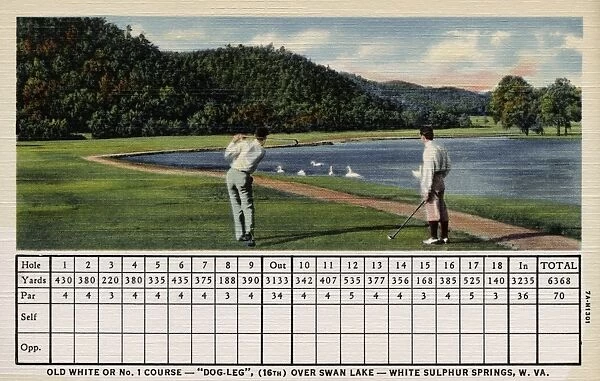 Scorecard and Golfers at Swan Lake. ca. 1937, White Sulphur Springs, West Virginia, USA, OLD WHITE OR No. 1 COURSE- DOG-LEG, (16TH) OVER SWAN LAKE-WHITE SULPHUR SPRINGS, W. VA. THE GREENBRIER GOLF CLUB OF The Greenbrier Hotel WHITE SULPHUR SPRINGS, WEST VIRGINIAjamaintains three superb golf courses -- two of 18 holes and one of 9 holes -- 2000 feet high in a cool upland valley of the Alleghany Mountains. The first tee and last hole of all courses adjoin the Casino-Clubhouse which is the popular luncheon rendezvous. The Casino itself is only a five minute walk from the Hotel. Major tournaments are held annually