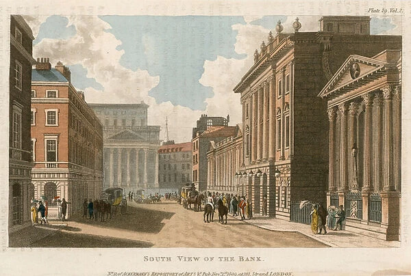 Bank of England, West Wing added (coloured engraving)