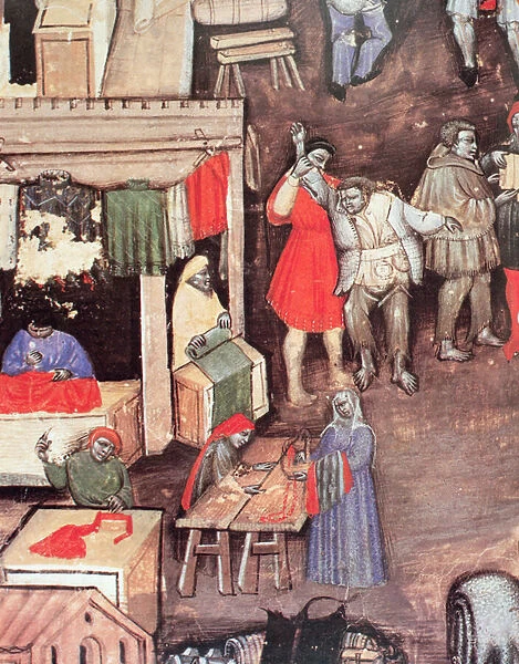 Cloth merchants in a market, from the manuscript Statuto delle Corporazione dei Mercanti (vellum)