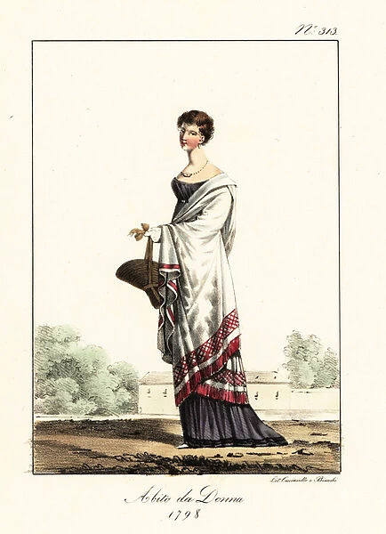 Costume of a fashionable woman or Merveilleuse, Directoire era, 1825 (lithograph)