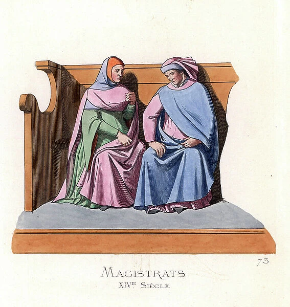 Costumes des magistrats du tribunal de Siena (Italy), 14th century - Magistrates of the court in Siena, Italy, 14th century - From a miniature in a manuscript in Siena library - Handcoloured illustration drawn