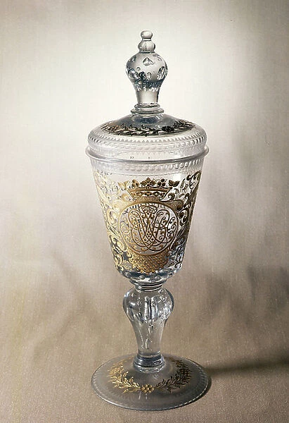 Covered goblet with gilded engraving on lid, bowl and foot