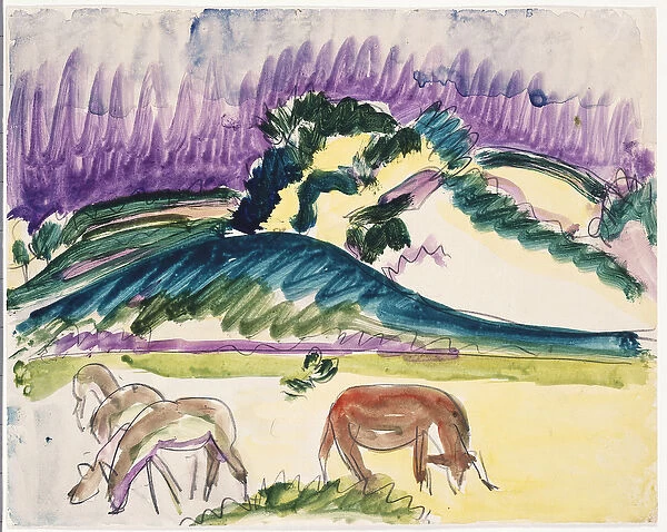 Cows in the Pasture by the Dunes, 1913 (w  /  c over pencil on paper)