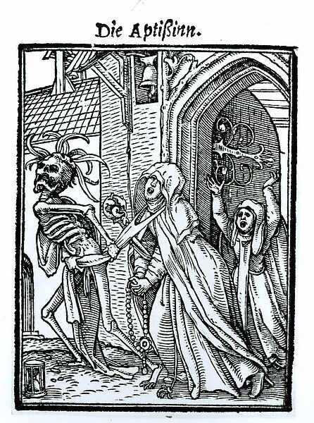 Death and the Abbotess, from The Dance of Death, engraved by Hans Lutzelburger, c