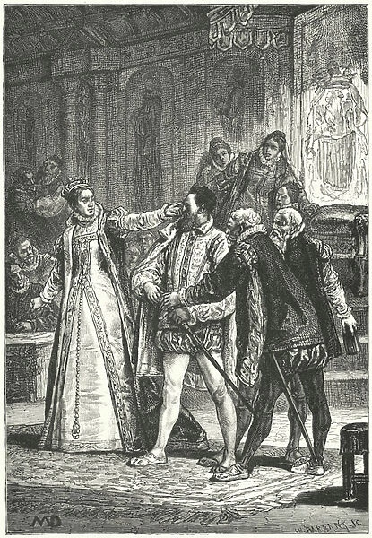 The Earl of Essex threatening to draw his sword after Queen Elizabeth I cuffed him around the ear for his insolence, 1598 (engraving)