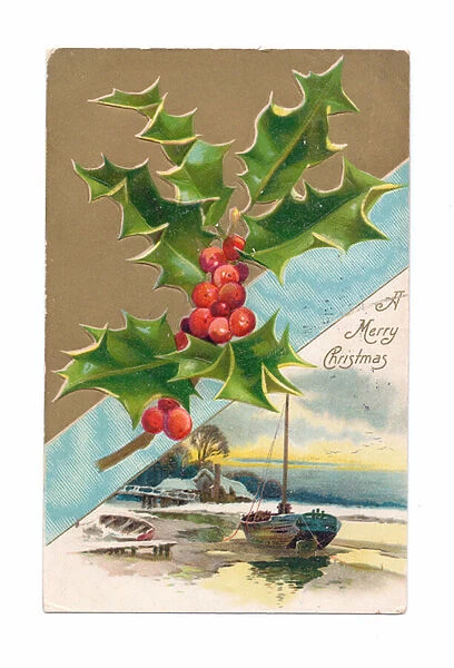 Edwardian Christmas postcard of an idyllic scene and a sprig of holly, c