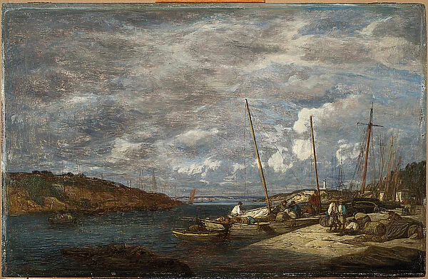 Fishing boats at the dock, Douarnenez, 1855 (oil on cradled panel)