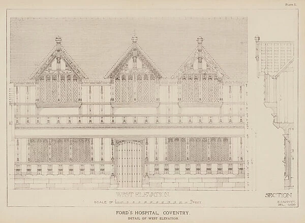 Fords Hospital, Coventry, Detail of West Elevation (litho)