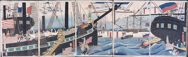 Foreign Ships at Yokohama (colour woodblock print)