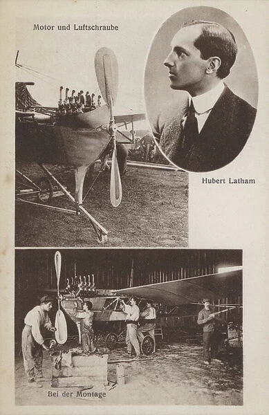 French aviator Hubert Latham and his aeroplane (b  /  w photo)