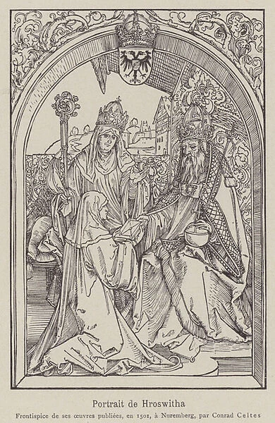 Hrotsvitha of Gandersheim, 10th Century German canoness, dramatist and poet, presenting her book, Gesta Ottonis, to the Emperor Otto II, watched by his niece, Gerberga II, Abbess of Gandersheim Abbey (litho)
