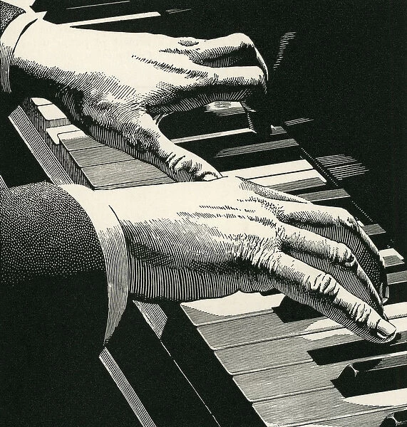 Illustration of Hands Playing a Piano, 1937 (woodcut print)