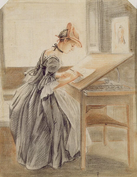 A Lady Copying at a Drawing Table, c. 1760-70 (graphite, red and black chalk and stump