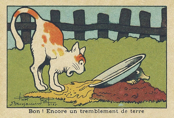 A mole knocks over the cat's bowl when it comes out of the ground. ' Good! Another earthquake. ', 1936 (illustration)