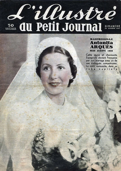 Portrait of Antonia Arques, Miss Europe 1936, in bridal dress at her French wedding