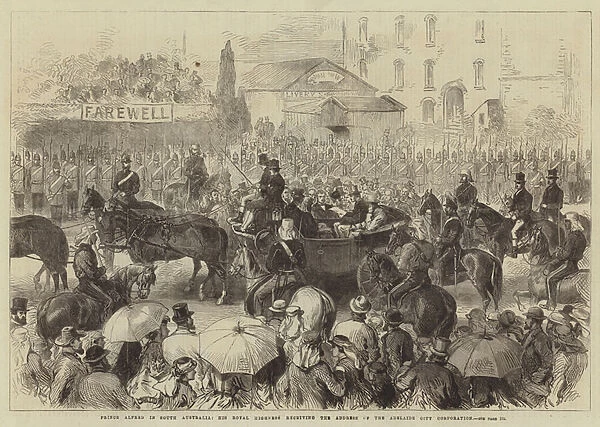 Prince Alfred in South Australia, His Royal Highness receiving the Address of the Adelaide City Corporation (engraving)