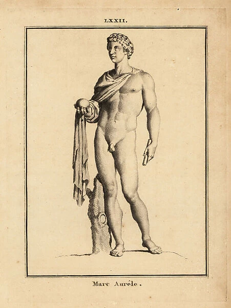 Statue of the Roman Emperior Marcus Aurelius, Marcus Aurelius Antoninus Augustus; naked with orb and scepter