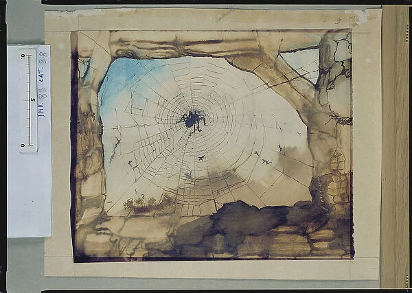 Vianden through a Spiders Web (pencil, Indian ink, sepia and w  /  c on paper)