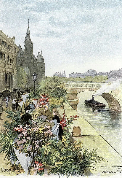 View of the flower market, Ile de la Cite, Paris Drawing by Gustave Fraipont (1849-1923) from Saint-Juirs, 1890 Private collection