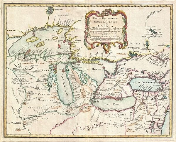 1755, Bellin Map of the Great Lakes, topography, cartography, geography, land, illustration
