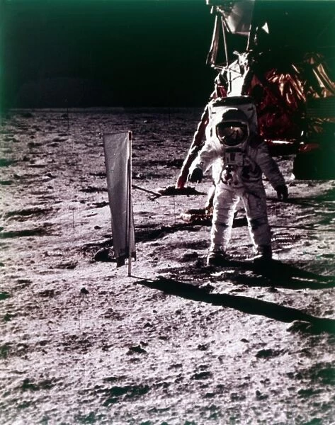 Buzz Aldrin deploys solar wind collector on the surface of the Moon, Apollo 11 mission, July 1969