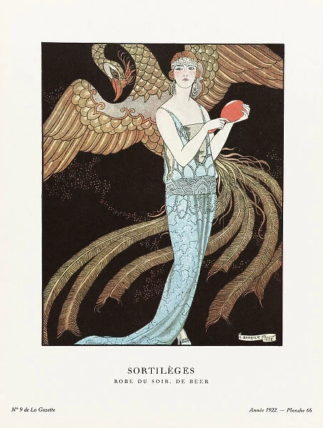 EDITORIAL Sortileges. Spells. Robe du Soir, de Beer. Evening dress by Beer. Art-deco fashion illustration by French artist George Barbier, 1882-1932. The work was created for the Gazette du Bon Ton, a Parisian fashion magazine published between 1912-1915 and 1919-1925