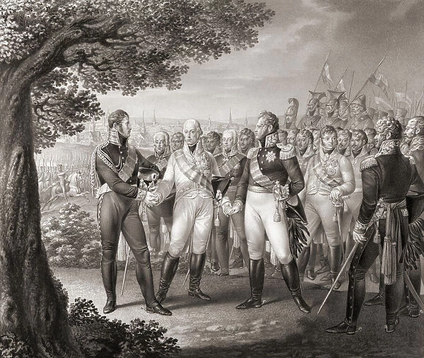 Meeting in Prague on August 18, 1813, between European monarchs who were part of the Sixth Coalition against Napoleon: Francis I, Emperor of Austria, Alexander I, Emperor of Russia and Frederick William III, King of Prussia. After a work by Leo Wolf
