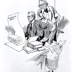 Cartoon, President Wilson reading Germans Reply