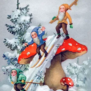 Three elves skiing on a Dutch New Year postcard