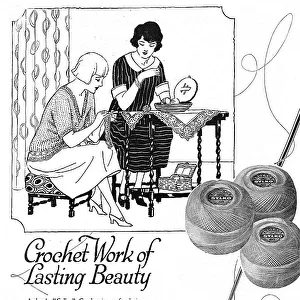 Illustration of two ladies doing their crochet together indoors. Advert for Arderns Sylko Crochet. Date: 1920s