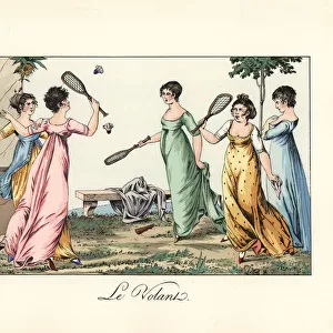 Ladies playing badminton in a garden, 1817